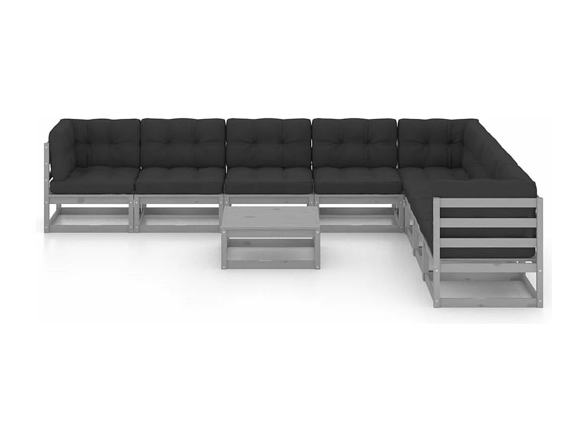Salon de jardin 9 pcs avec coussins Gris Bois de pin massif