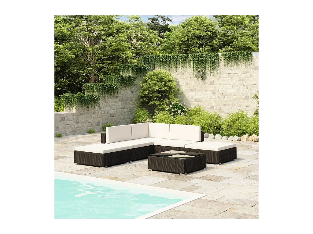 Salon de jardin 6 pcs avec coussins Résine tressée Noir