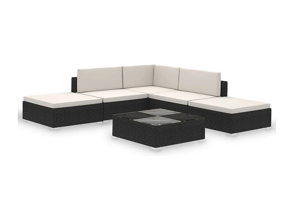 6-delige Loungeset met kussens poly rattan zwart