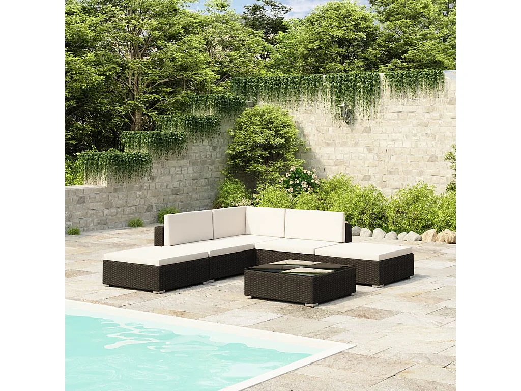 6-delige Loungeset met kussens poly rattan zwart