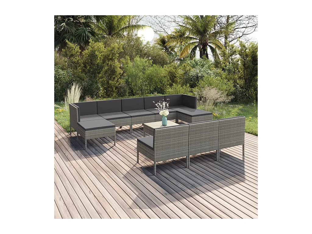 Salon de jardin 11 pcs avec coussins Résine tressée Gris