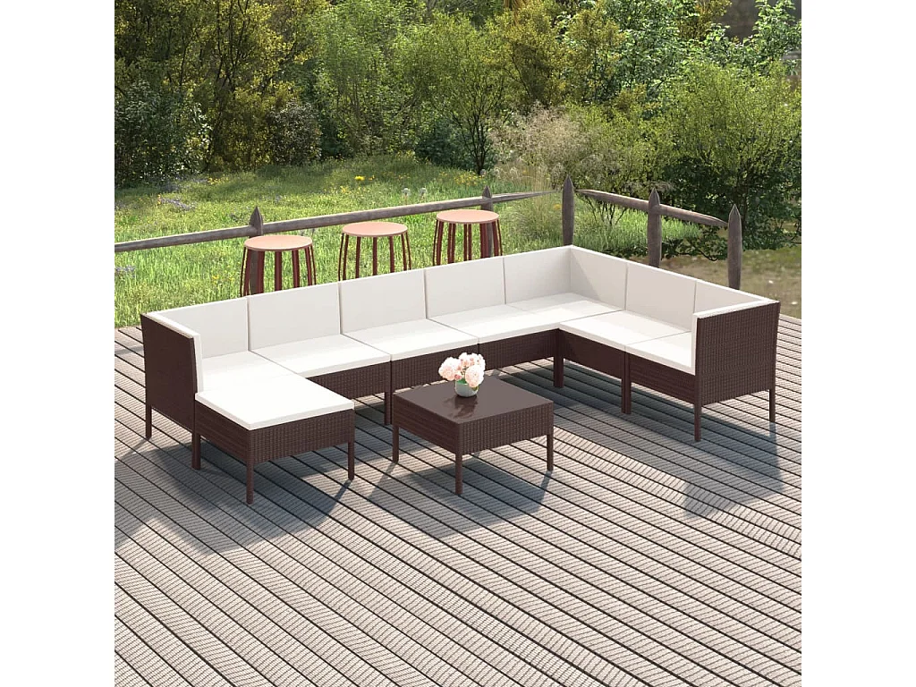 9-tlg. Garten-Lounge-Set mit Auflagen Poly Rattan Braun