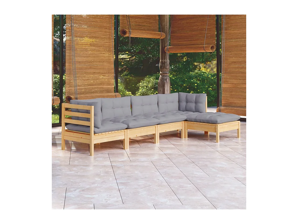 Salon de jardin 5 pcs avec coussins gris bois de pin
