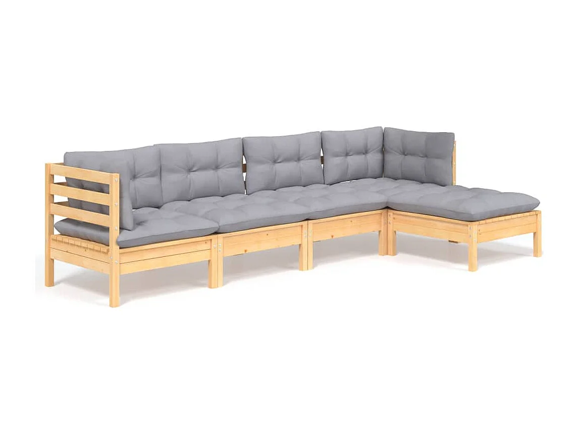 Salon de jardin 5 pcs avec coussins gris bois de pin