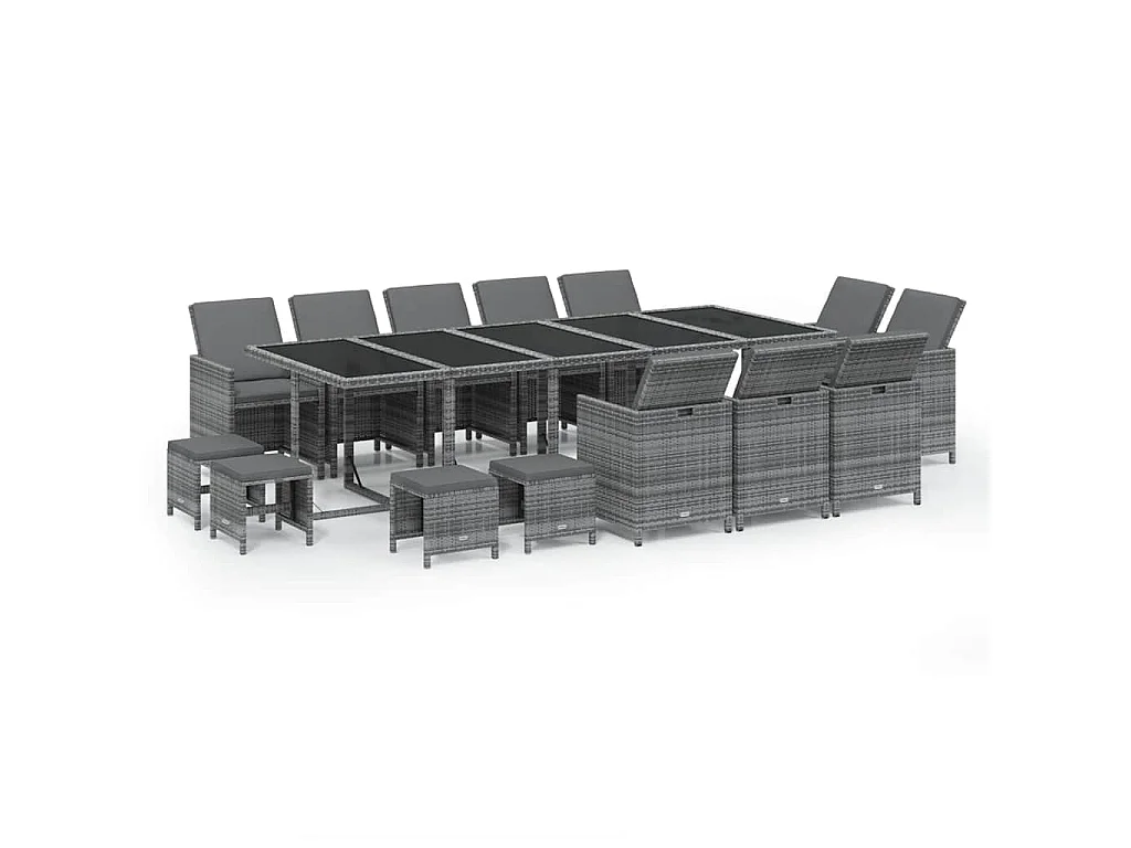 Set comedor jardín 15 pzas y cojines ratán sintético gris