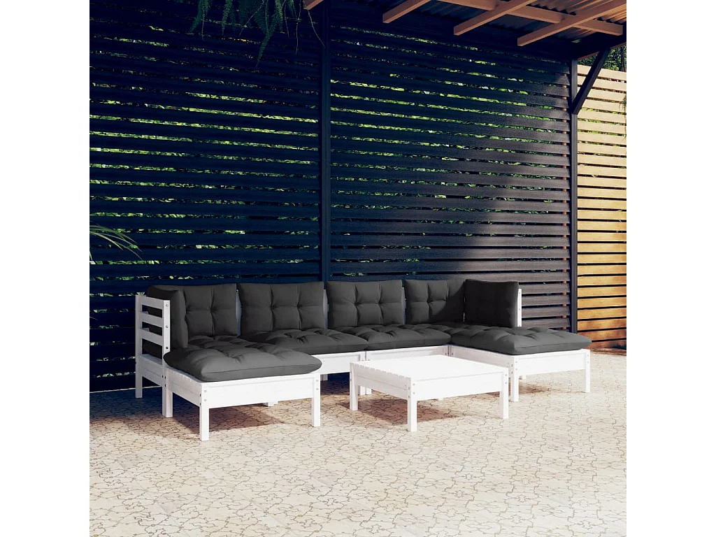 7 pcs conjunto lounge de jardim c/ almofadões pinho branco