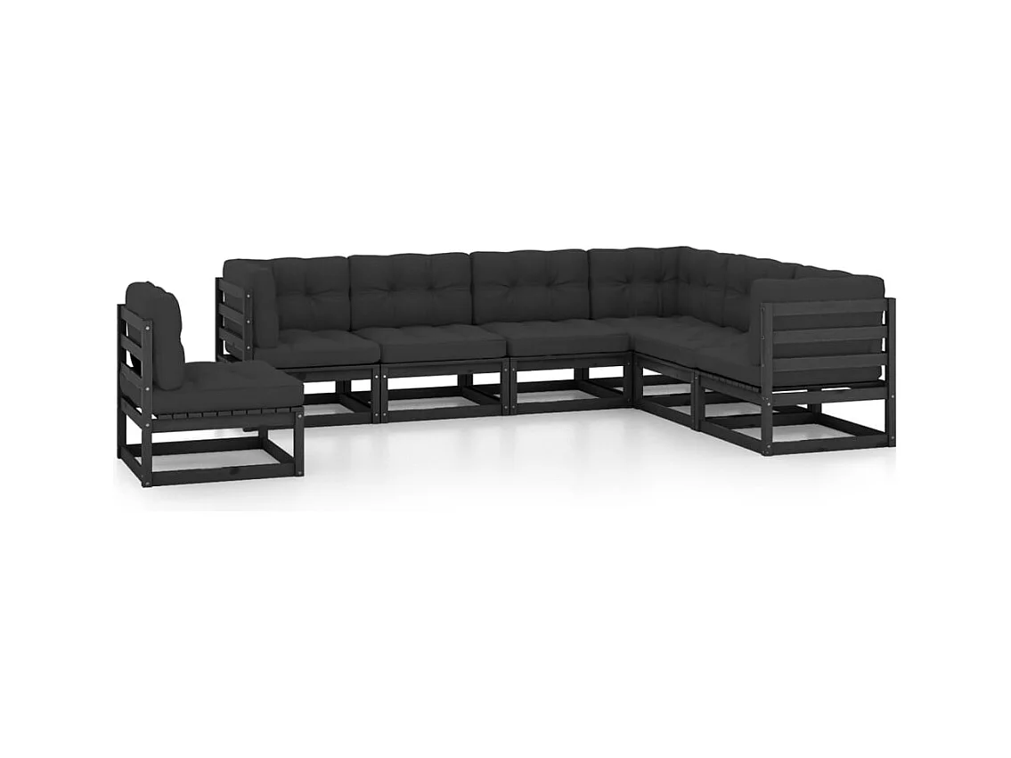 7-delige Loungeset met kussens massief grenenhout zwart