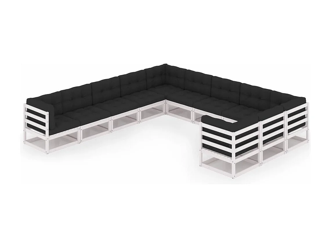 Salon de jardin 11 pcs avec coussins Blanc Bois de pin massif