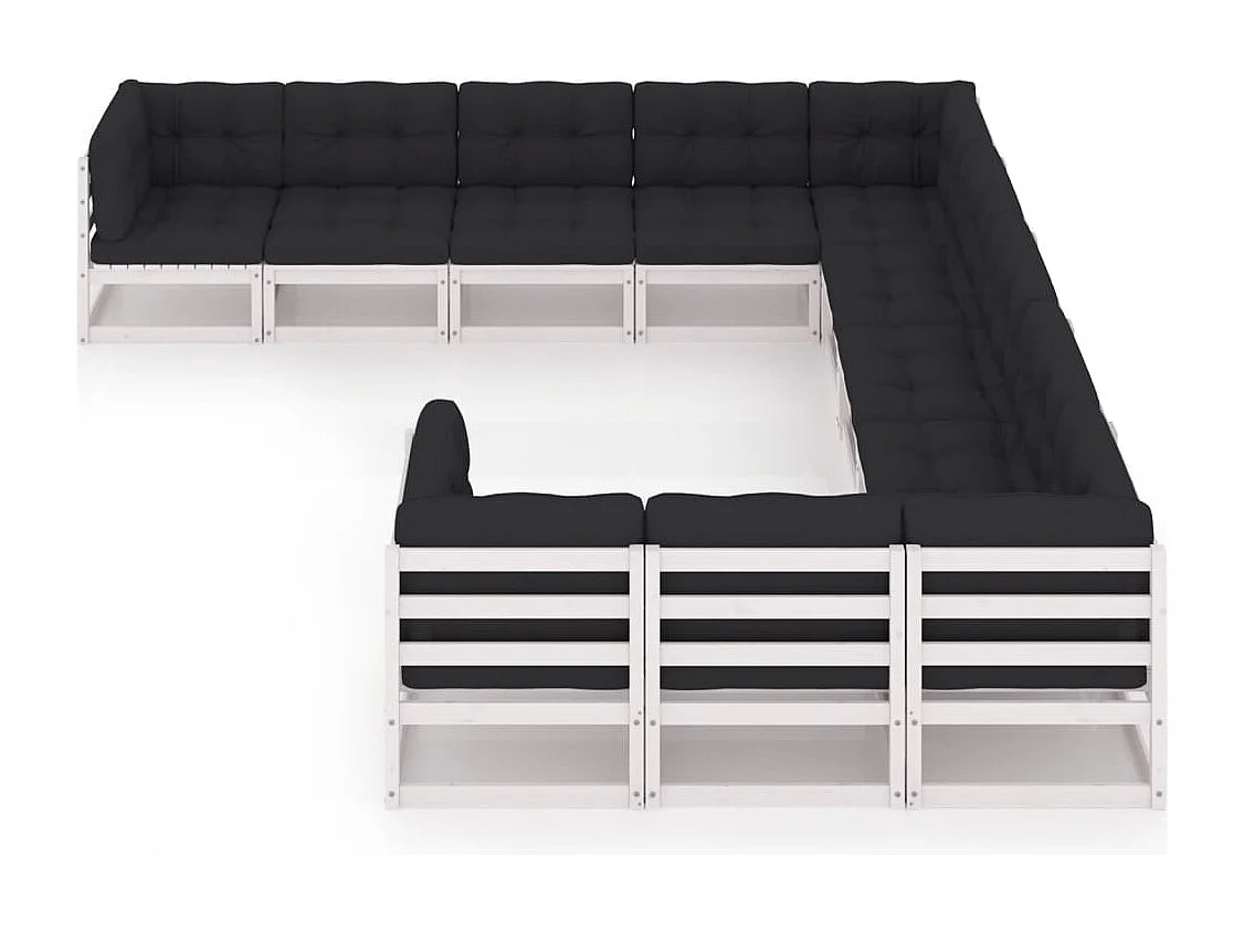 Salon de jardin 11 pcs avec coussins Blanc Bois de pin massif