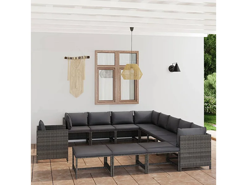 Salon de jardin 12 pcs avec coussins Résine tressée Gris