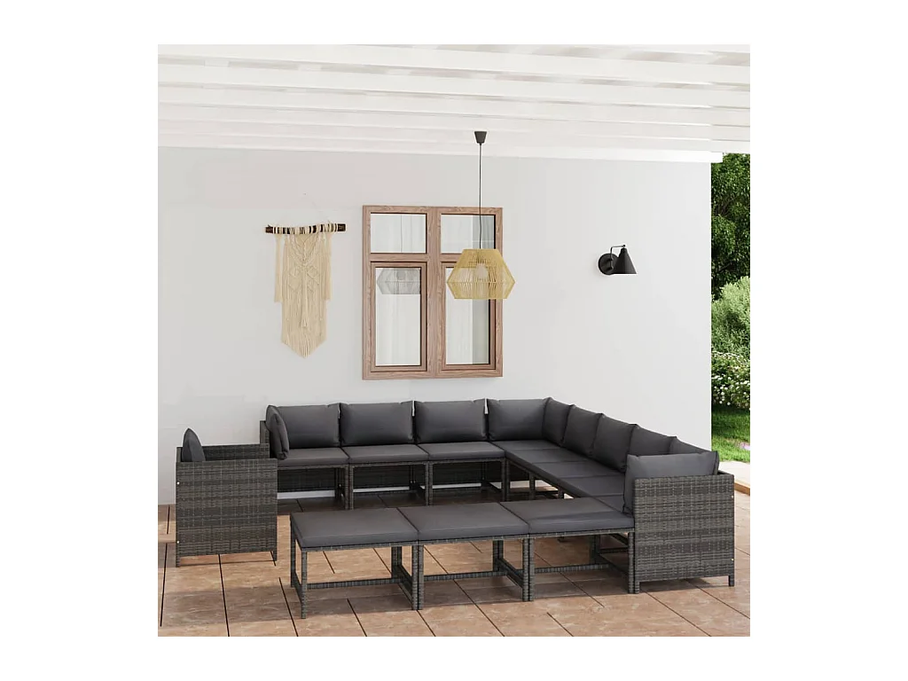 12-delige Loungeset met kussens poly rattan grijs