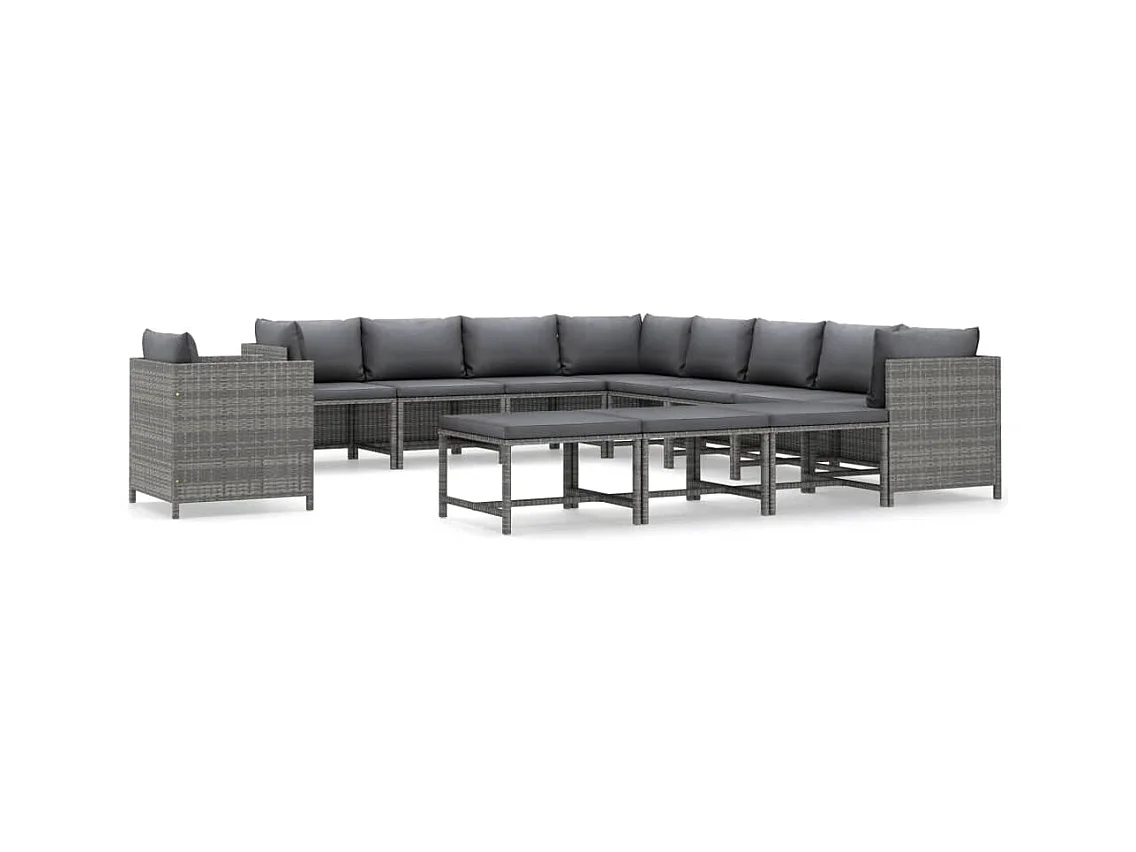 12-delige Loungeset met kussens poly rattan grijs