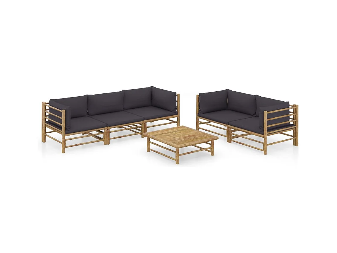 Salon de jardin 6 pcs avec coussins gris foncé bambou