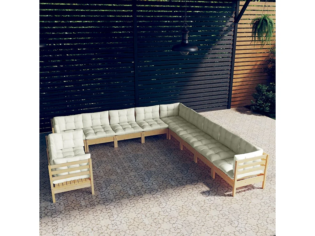 11 pcs conjunto lounge jardim c/ almofadões creme pinho maciço