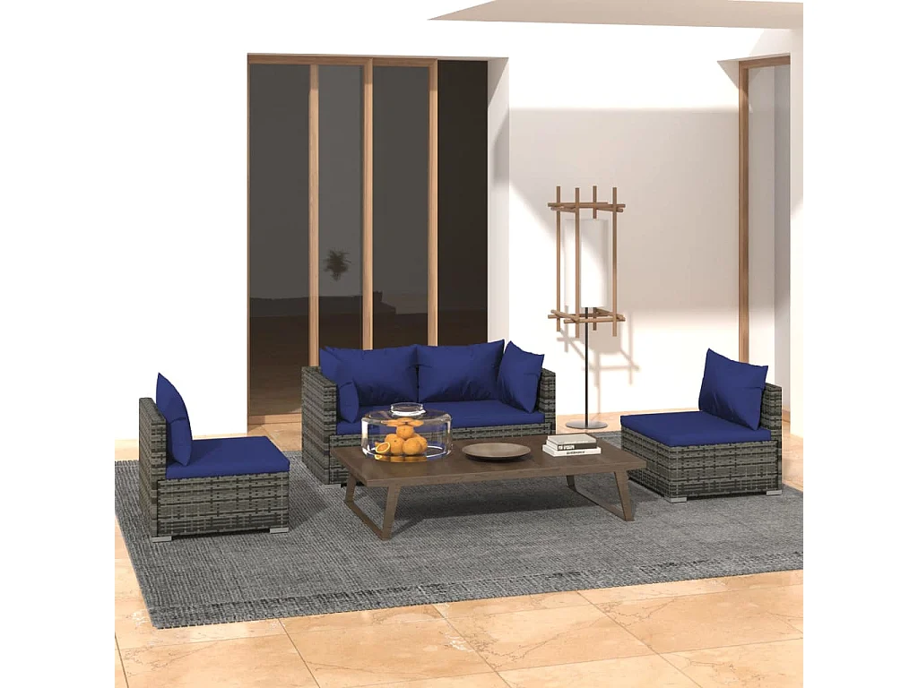 4 pcs conjunto lounge de jardim c/ almofadões vime PE cinzento