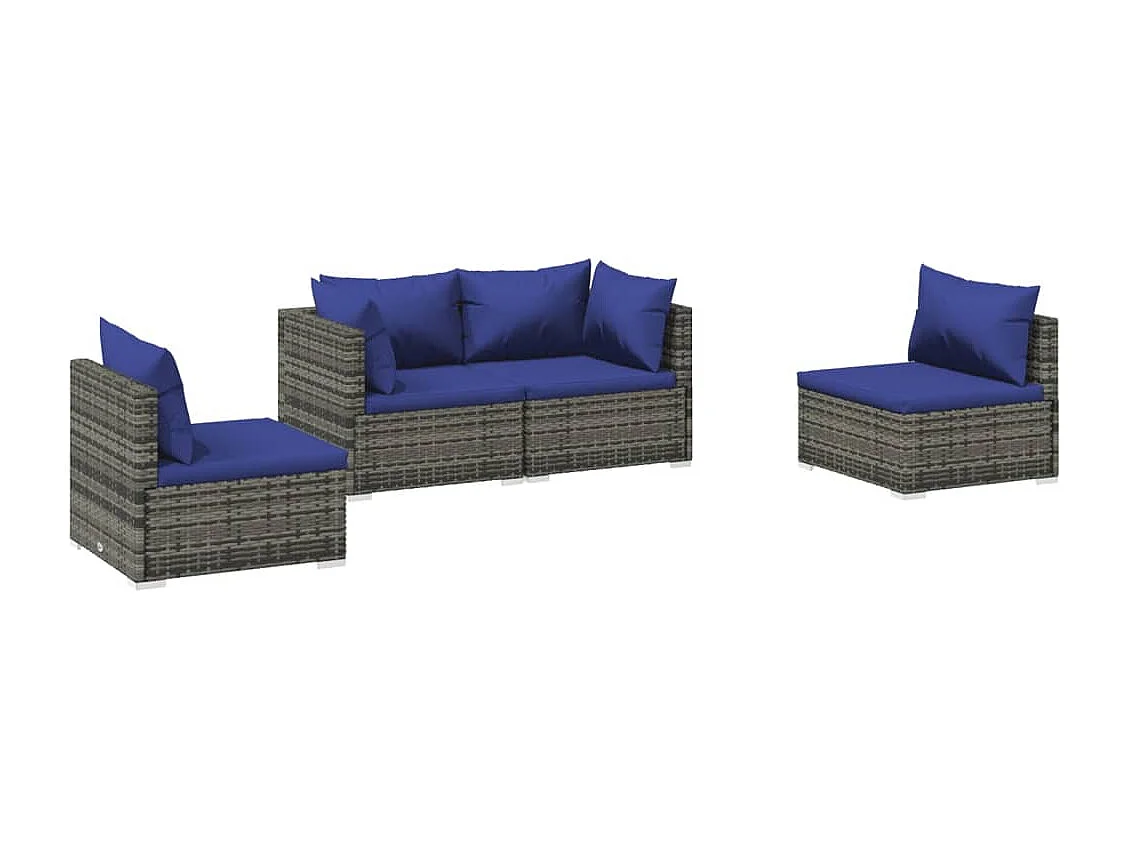 4 pcs conjunto lounge de jardim c/ almofadões vime PE cinzento