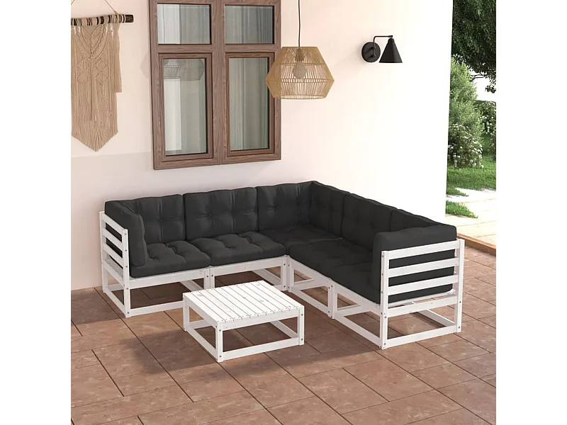 6 pcs conjunto lounge de jardim c/ almofadões pinho maciço