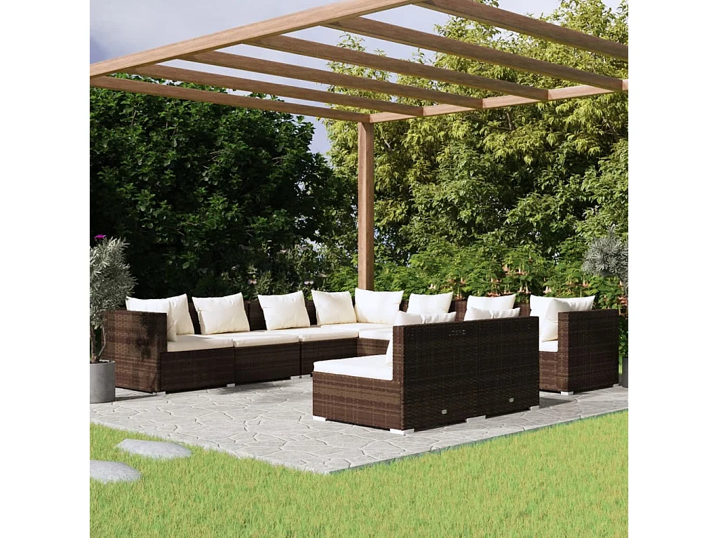 Salon de jardin avec coussins 9 pcs marron résine tressée
