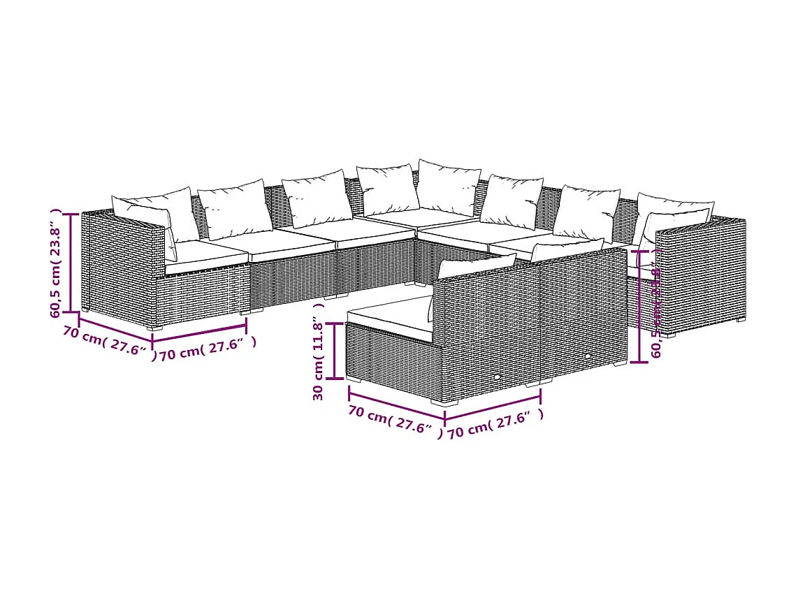 Salon de jardin avec coussins 9 pcs marron résine tressée