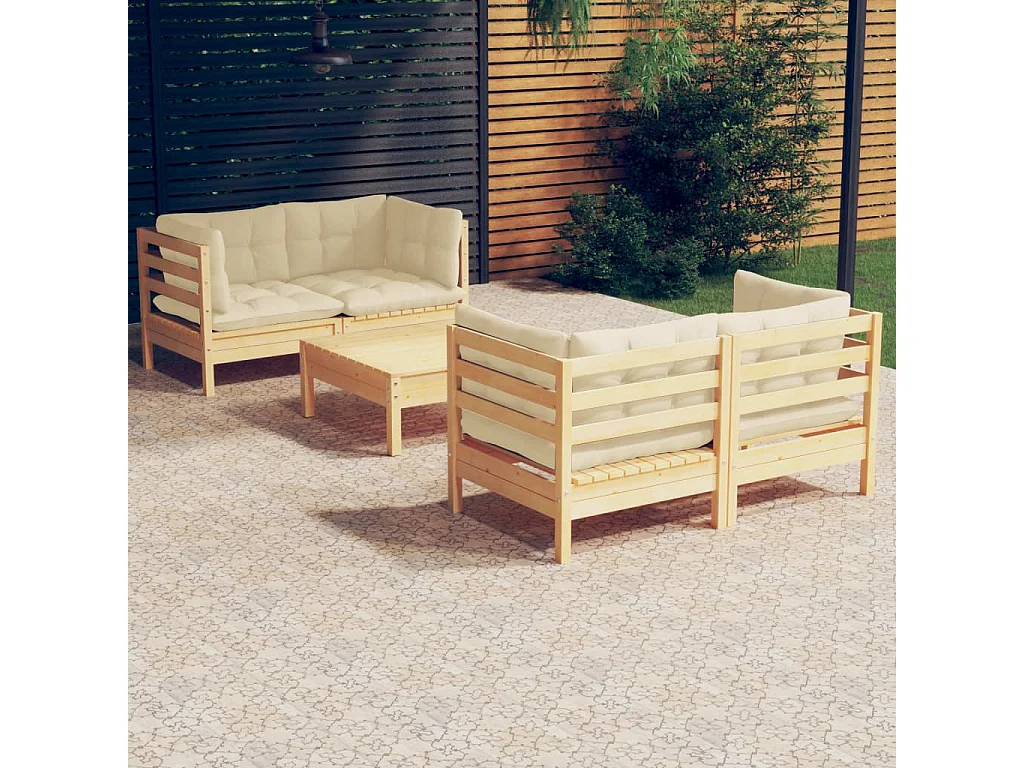 Set Salotto da Giardino 5pz con Cuscini Crema in Legno di Pino