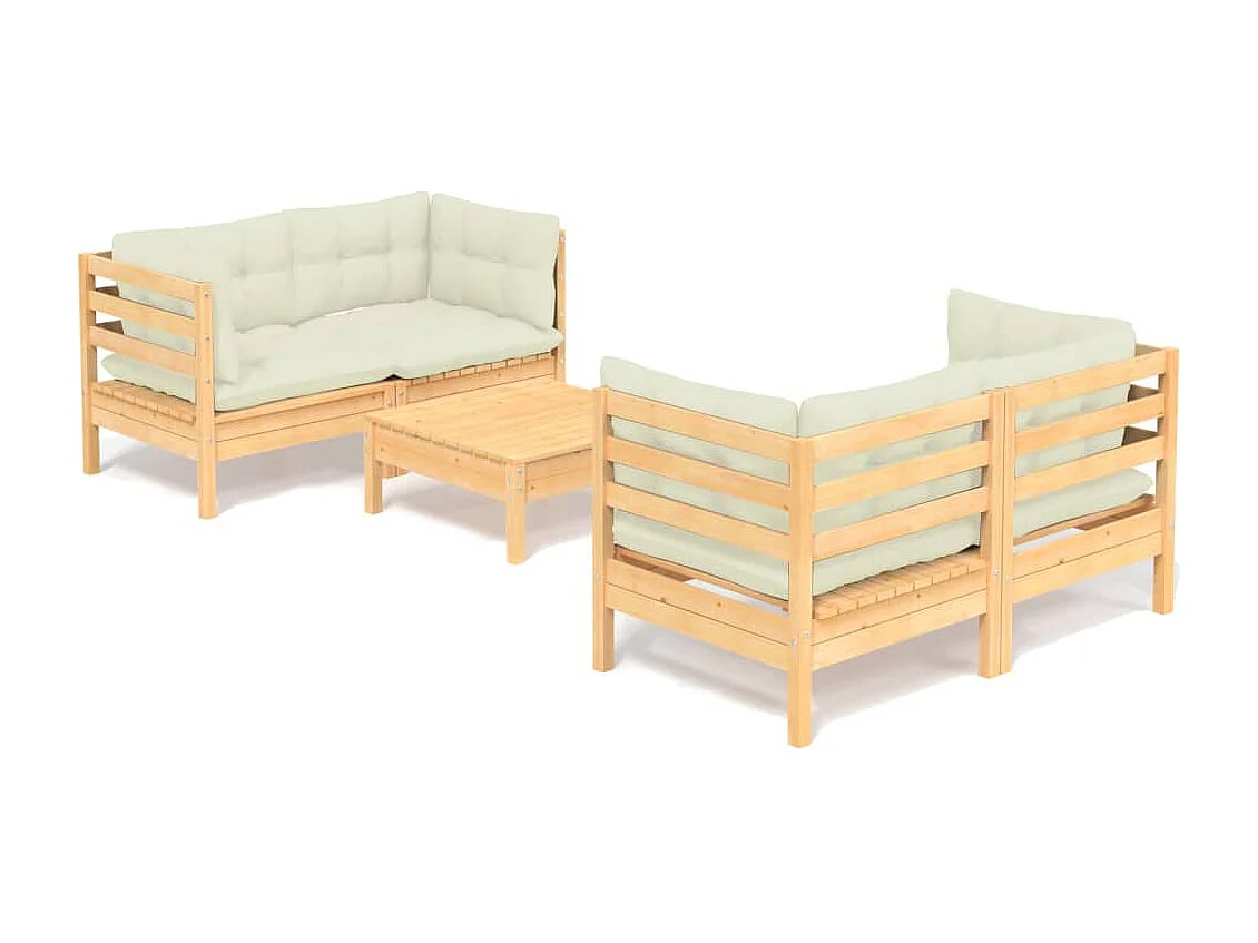 Set Salotto da Giardino 5pz con Cuscini Crema in Legno di Pino
