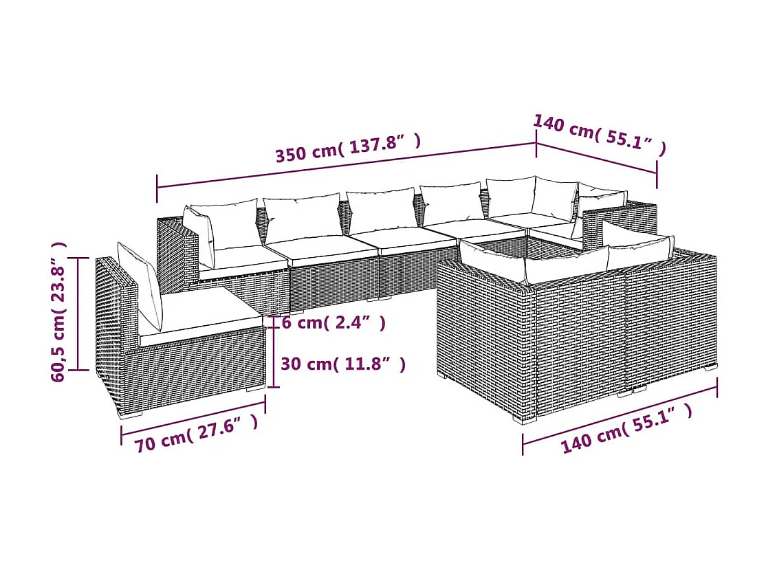 9-tlg. Garten-Lounge-Set mit Kissen Poly Rattan Braun