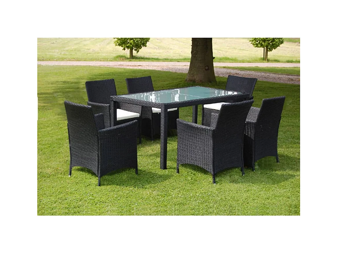 Set da Pranzo da Giardino 7 pz con Cuscini in Polyrattan Nero