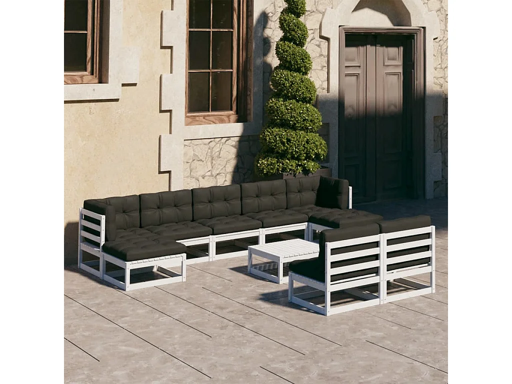 10 pcs conj. lounge de jardim c/ almofadões pinho maciço branco