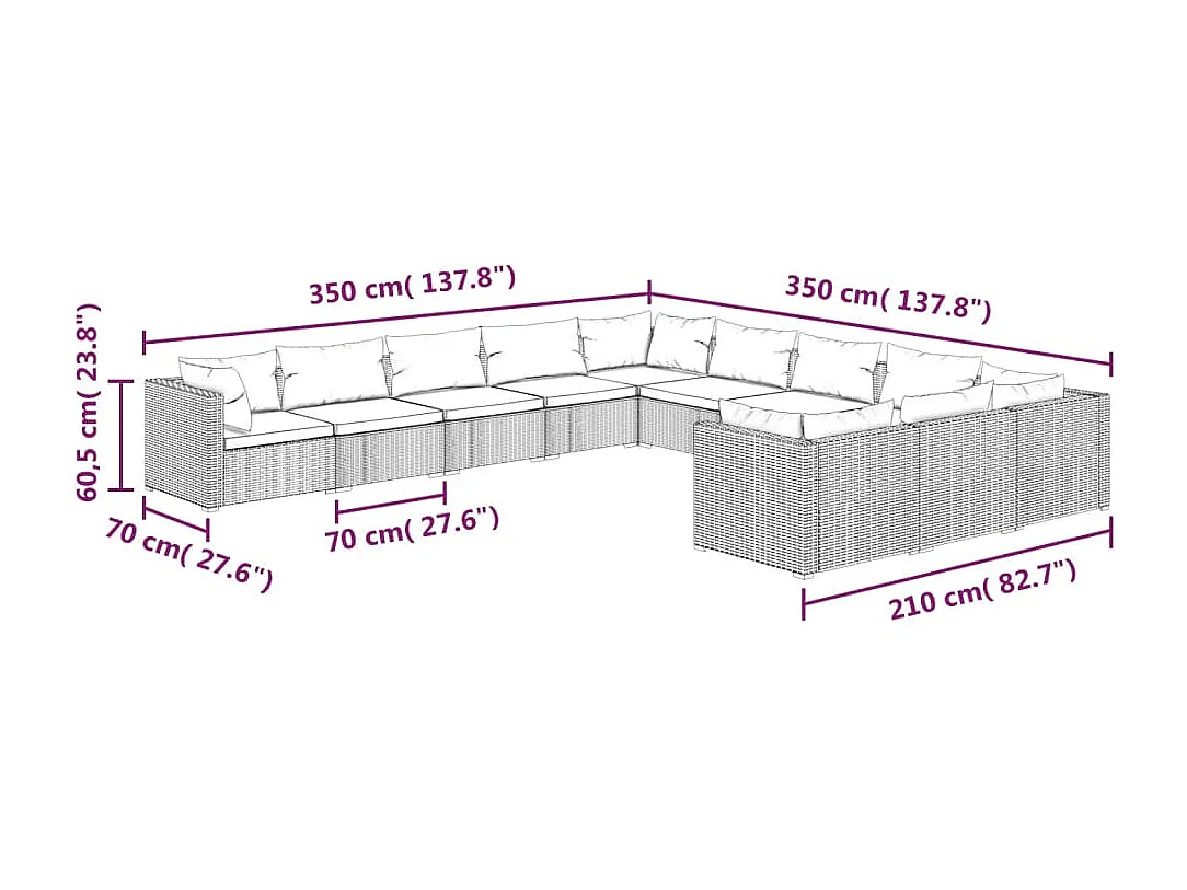 Set Divani da Giardino 11 pz con Cuscini in Polyrattan Marrone