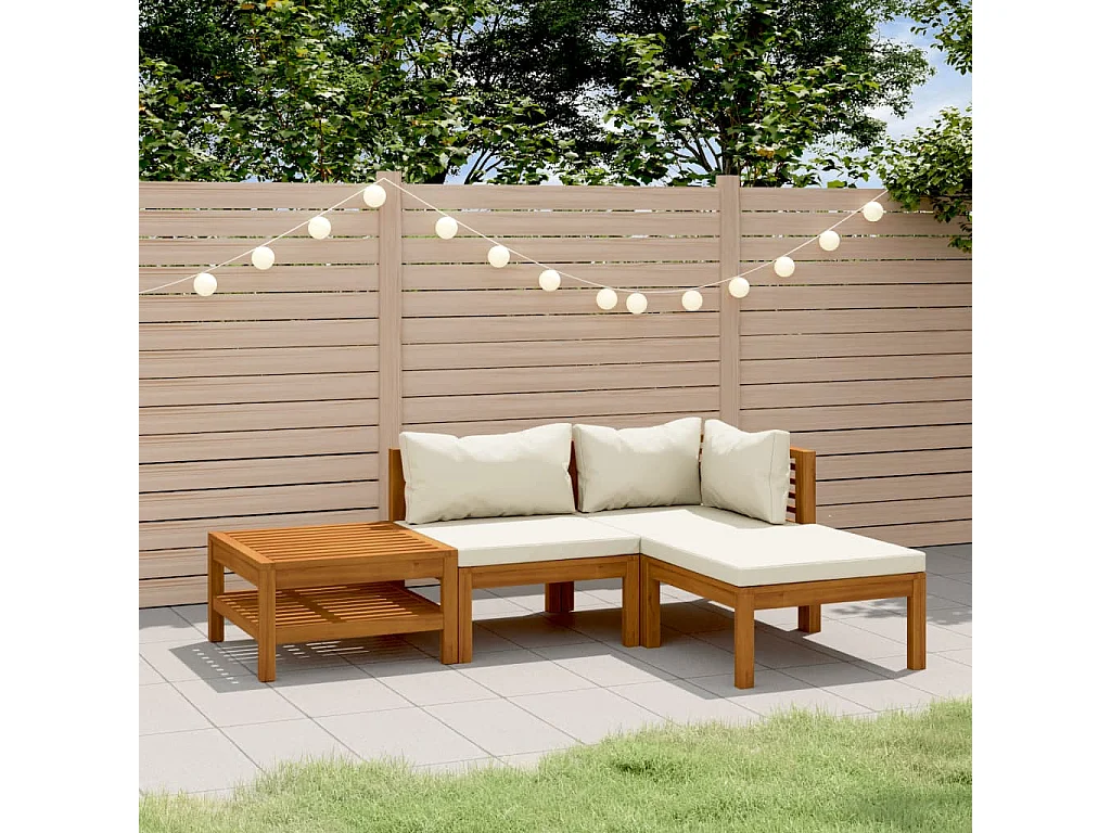 4 pcs conjunto lounge jardim c/ almofadões creme acácia maciça