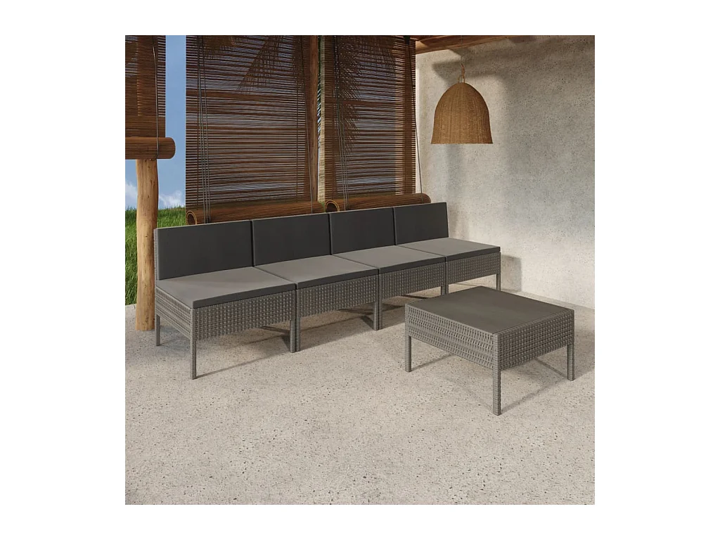 Salon de jardin 5 pcs avec coussins résine tressée gris
