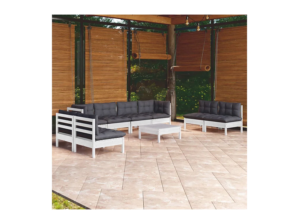 Salon de jardin 9 pcs avec coussins bois de pin massif
