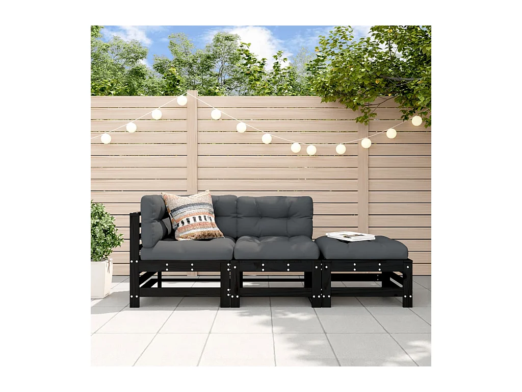 Salon de jardin 3 pcs noir bois massif de pin