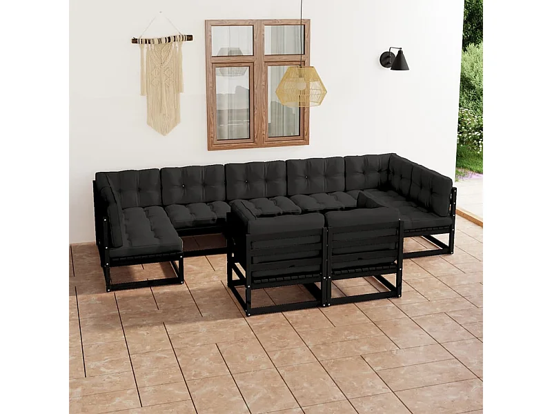 9pcs conjunto longue de jardim c/ almofadões pinho maciço preto