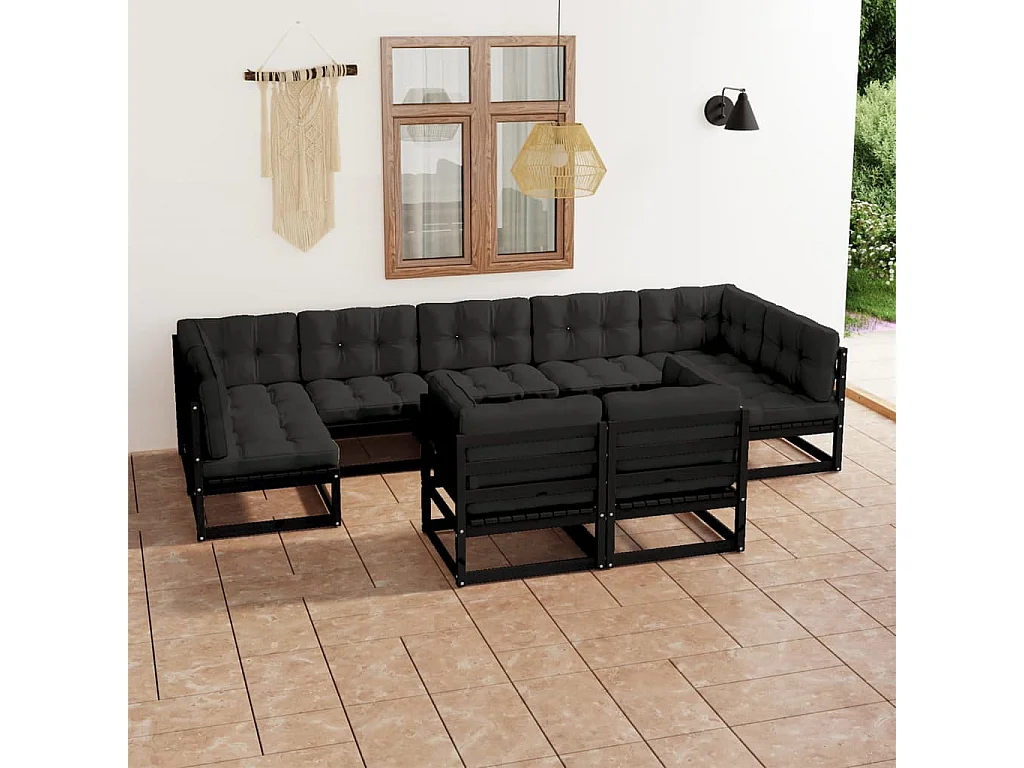 9-tlg. Garten-Lounge-Set mit Kissen Schwarz Massivholz Kiefer
