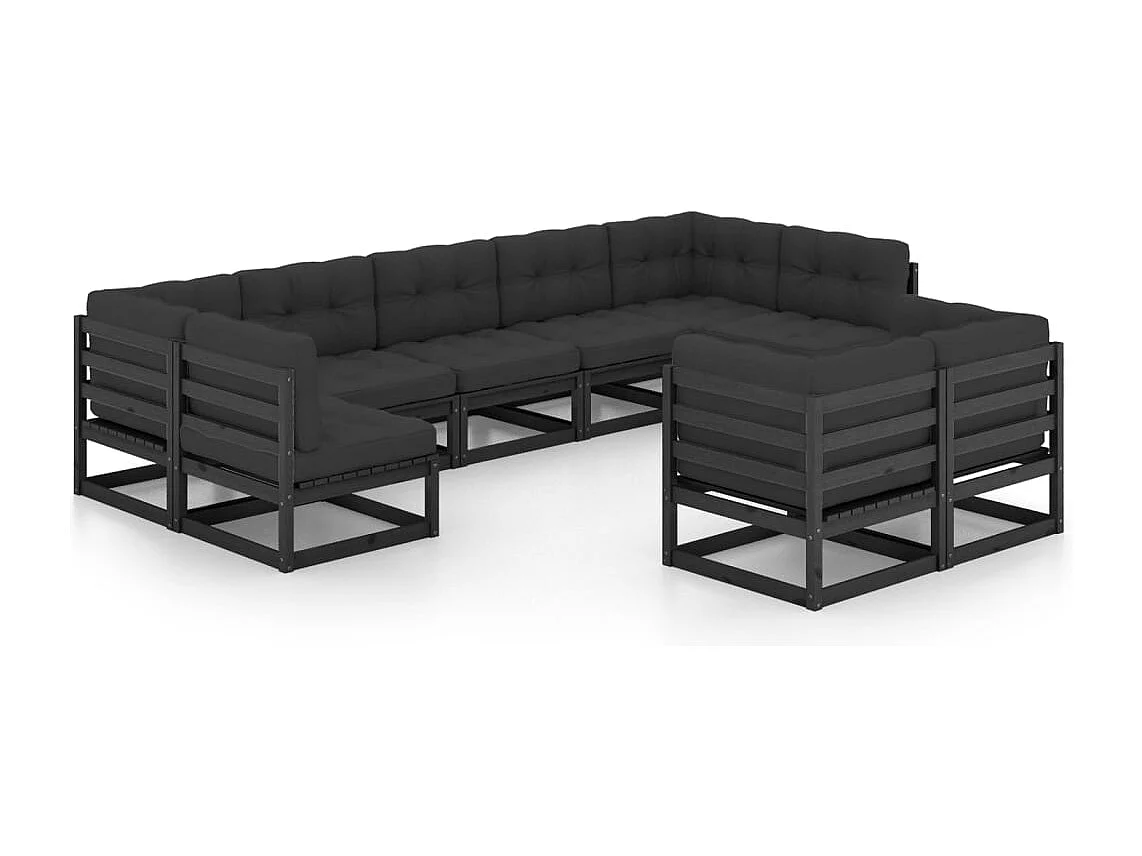 9-tlg. Garten-Lounge-Set mit Kissen Schwarz Massivholz Kiefer