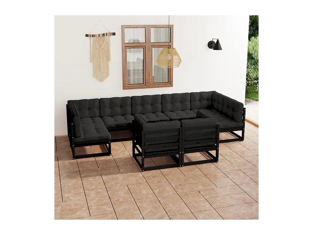 9-delige Loungeset met kussens massief grenenhout zwart