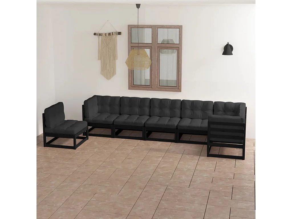 Set Salotto Giardino 7 pz Cuscini Antracite Legno Massello Pino