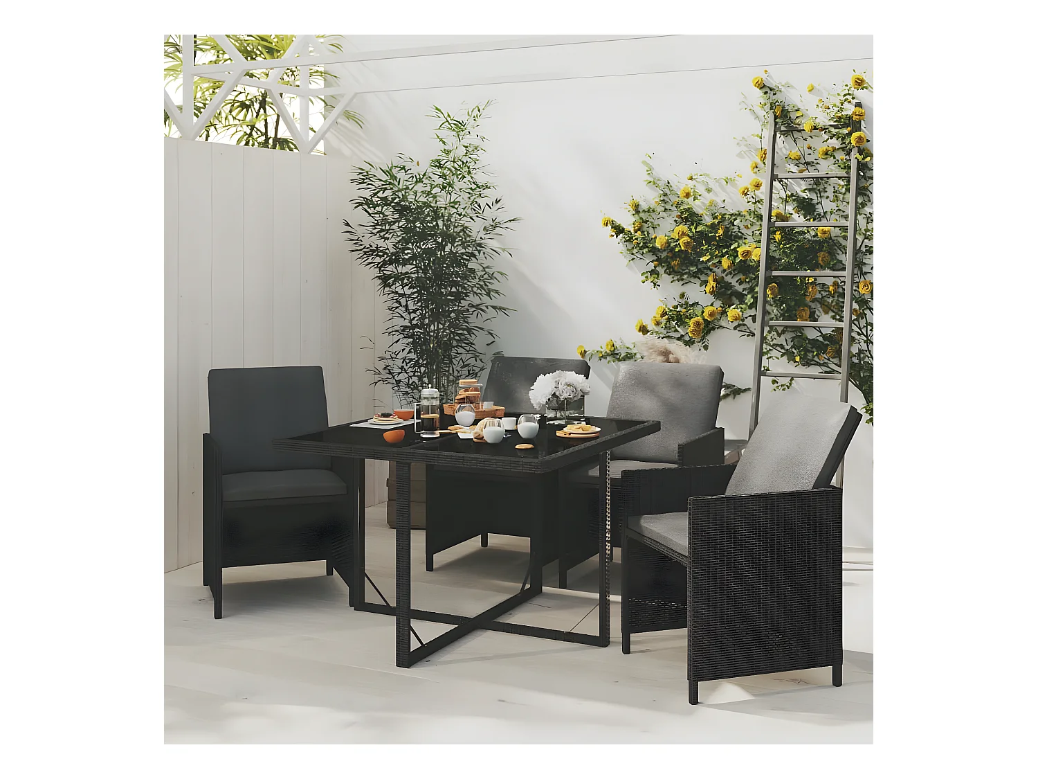 5-tlg. Garten-Essgruppe mit Kissen Poly Rattan Schwarz