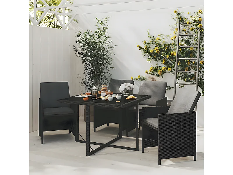 Ensemble à dîner de jardin avec coussins 5 pcs poly rotin noir