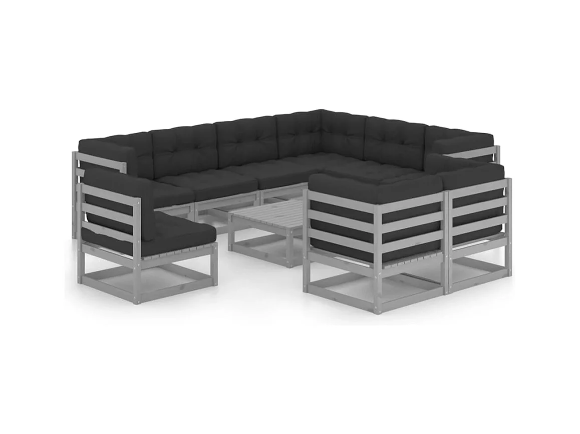 10-tlg. Garten-Lounge-Set mit Kissen Grau Massivholz Kiefer
