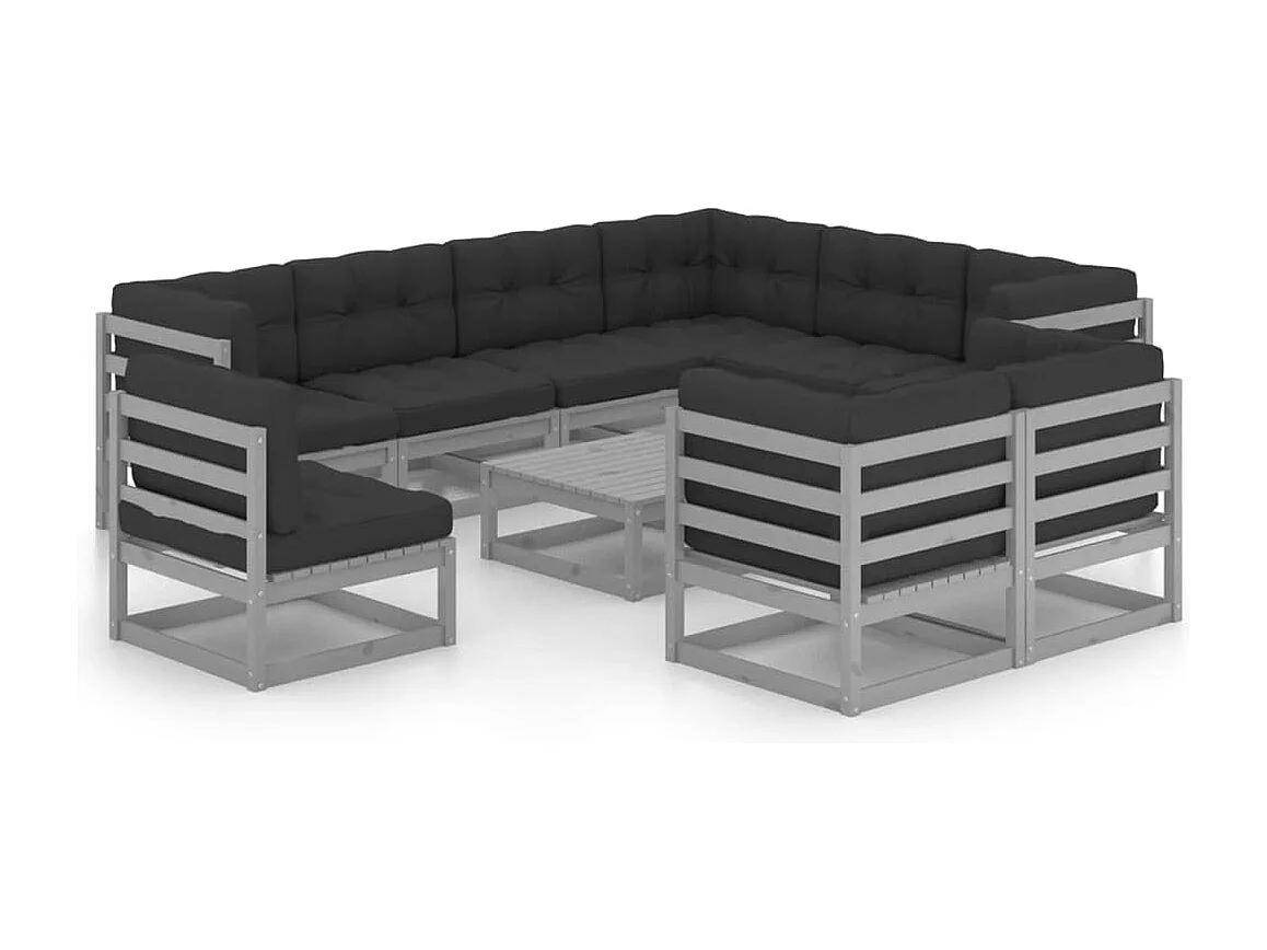 10-tlg. Garten-Lounge-Set mit Kissen Grau Massivholz Kiefer