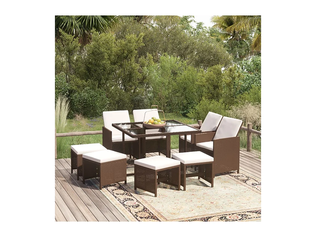 Ensemble à manger de jardin et coussins 9 pcs Poly rotin Marron