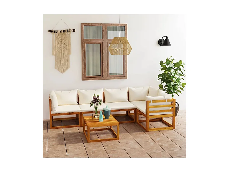 6-tlg. Garten-Lounge-Set mit Auflagen Creme Massivholz Akazie
