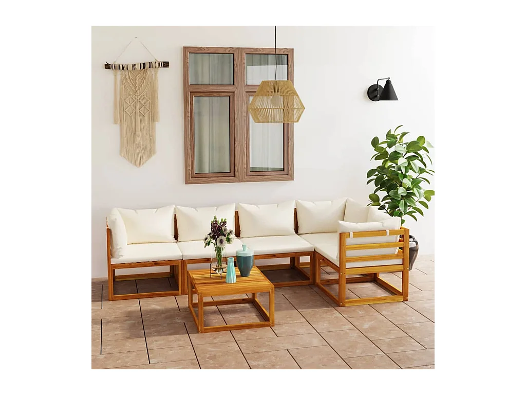 Set Divani da Giardino 6 pz con Cuscini Crema Massello Acacia