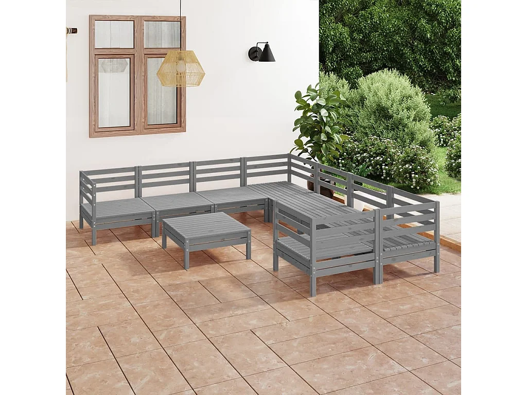 Salon de jardin 9 pcs Gris Bois de pin massif
