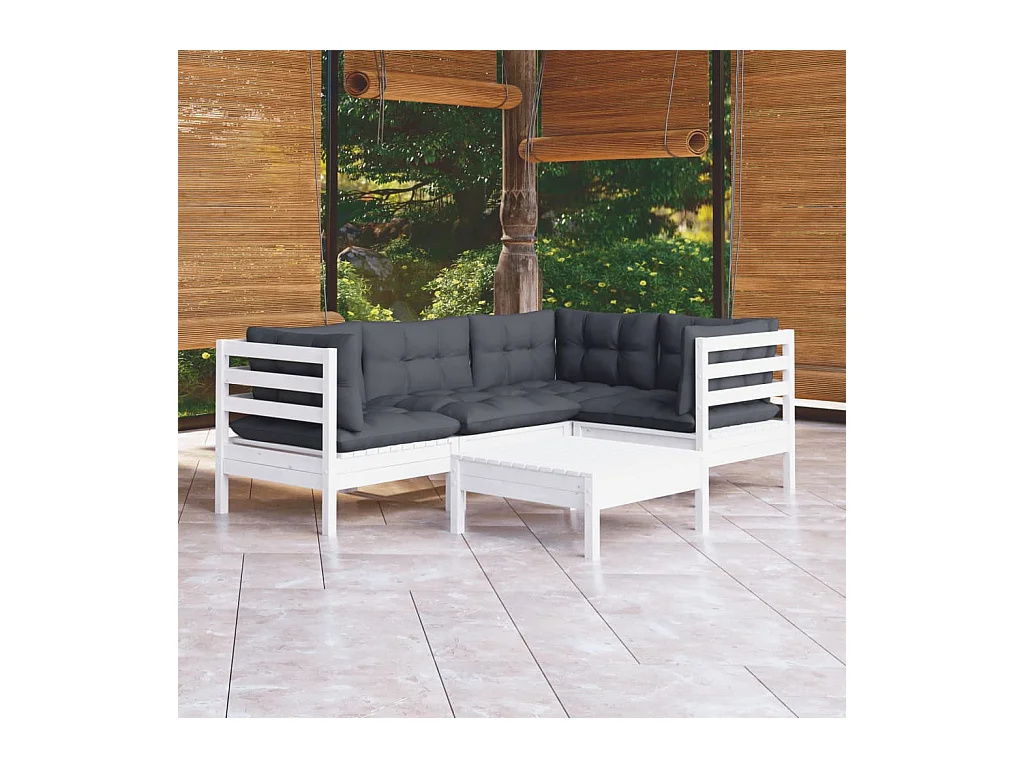 Salon de jardin 5 pcs avec coussins blanc bois de pin