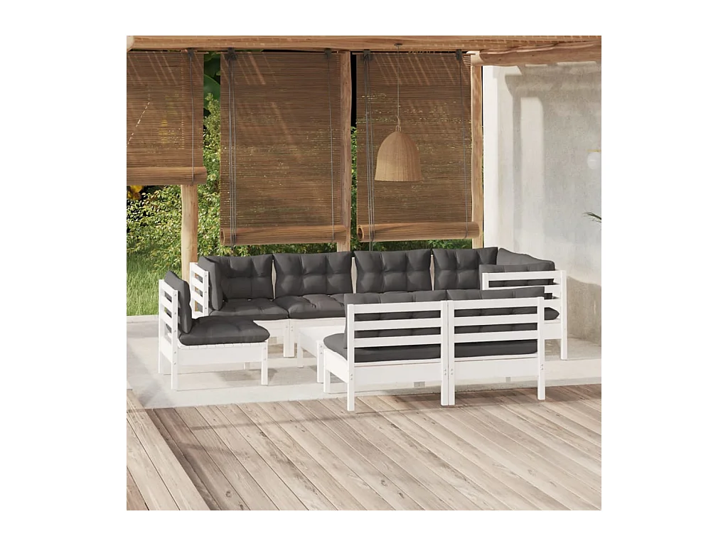 Salon de jardin 9 pcs avec coussins blanc bois de pin massif