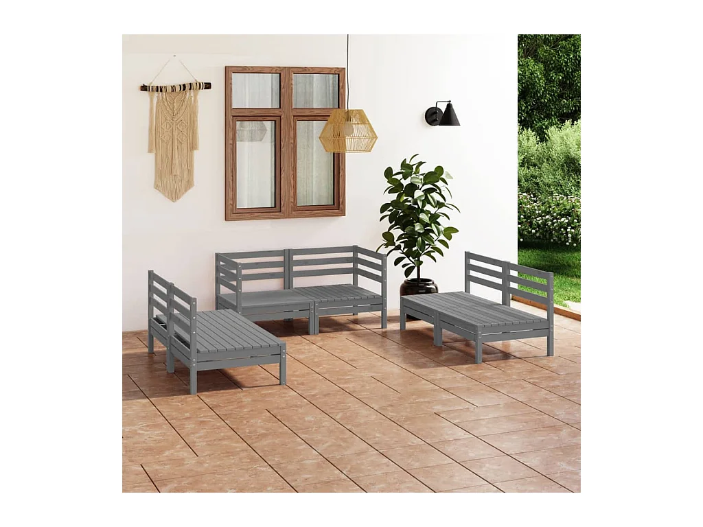 Set Divani da Giardino 6 pz Grigio in Legno Massello di Pino