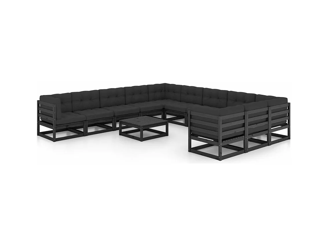 12-delige Loungeset met kussens massief grenenhout zwart